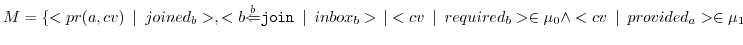 $ M=\{ <pr(a,cv)\enskip\vert\enskip{joined_{b}}>, <{b}{\overset{b}{\Leftarrow}}{...
...{required_{b}}>\in \mu_0 \wedge <cv\enskip\vert\enskip{provided_{a}}> \in \mu_1$