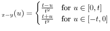 $\displaystyle _{x-y}(u)=\begin{cases}
\frac{t-u}{t^{2}} & \mbox{for }u\in[0,t]\\
\frac{t+u}{t^{2}} & \mbox{for }u\in[-t,0]\end{cases}$