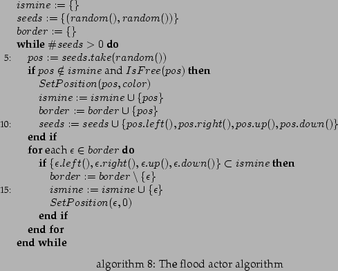 \begin{algorithm}
% latex2html id marker 2757
[!htp]
\begin{algorithmic}[5]
\par...
...
\par
\end{algorithmic}\par
\caption{
The flood actor algorithm}
\end{algorithm}