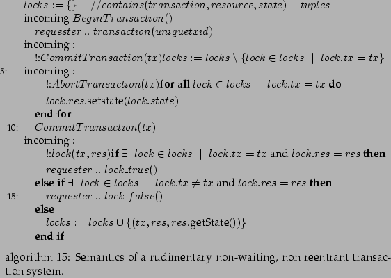 \begin{algorithm}
% latex2html id marker 3051
[!htp]
\begin{algorithmic}[5]
\par...
...of a rudimentary non-waiting,
non reentrant transaction system.}
\end{algorithm}